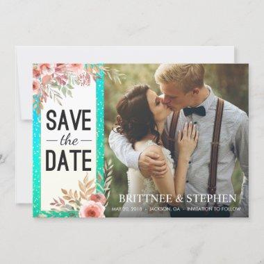 Wedding Save The Date Photo Floral Teal Gold Dots