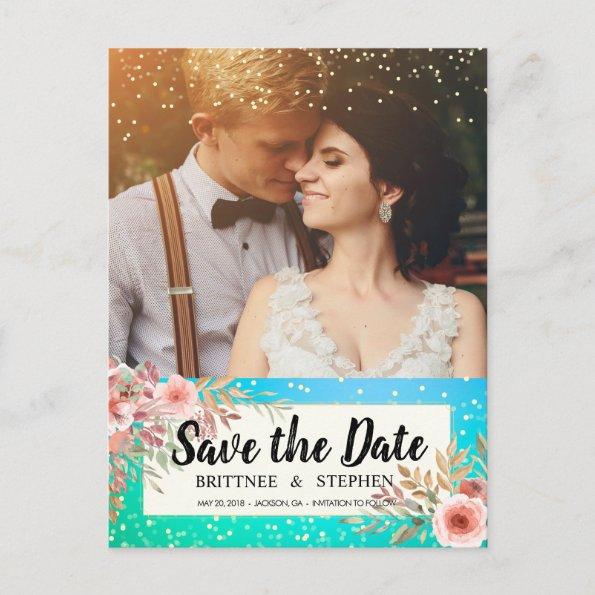 Wedding Save The Date Photo Floral Teal Gold Dots Announcement PostInvitations