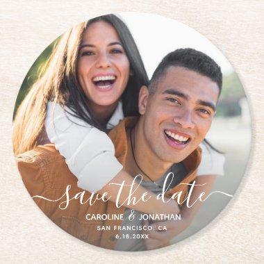 Wedding Save the Date Photo Script Calligraphy Round Paper Coaster