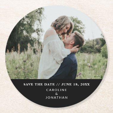 Wedding Save the Date Photo Simple Minimal Black Round Paper Coaster