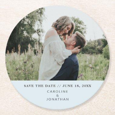 Wedding Save the Date Photo Simple Minimal Blue Round Paper Coaster