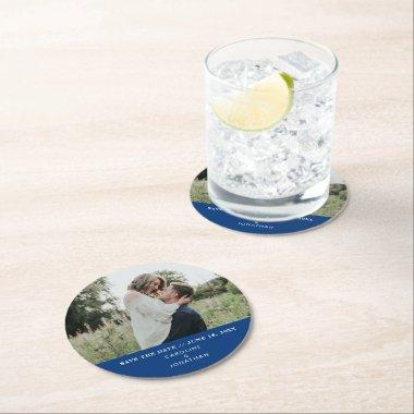 Wedding Save the Date Photo Simple Minimal Blue Round Paper Coaster