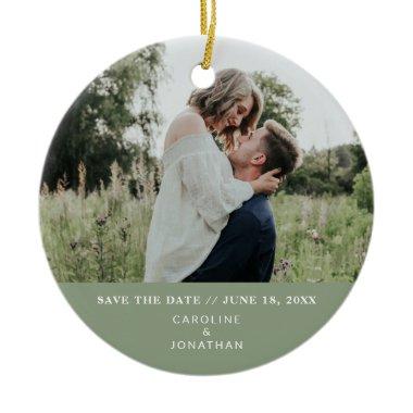 Wedding Save the Date Photo Simple Minimal Green Ceramic Ornament