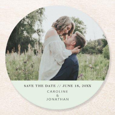 Wedding Save the Date Photo Simple Minimal Green Round Paper Coaster