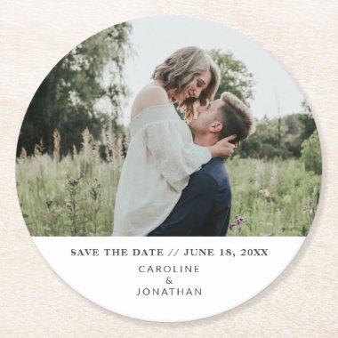 Wedding Save the Date Photo Simple Minimal White Round Paper Coaster