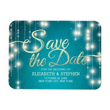 Wedding Save The Date String Lights Turquoise Gold Magnet