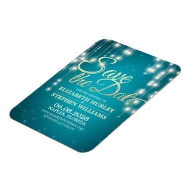 Wedding Save The Date String Lights Turquoise Gold Magnet
