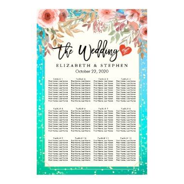 Wedding Seating Chart Pink Floral Teal Gold Dots