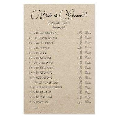 Wedding Shoe Game Bride or Groom Rustic Paper