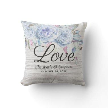 Wedding Shower Boho Flowers Feathers Rustic Wood Throw Pillow