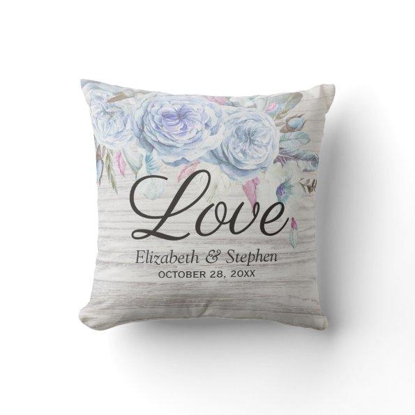 Wedding Shower Boho Flowers Feathers Rustic Wood Throw Pillow