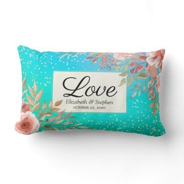 Wedding Shower Elegant Pink Floral Teal Gold Dots Lumbar Pillow