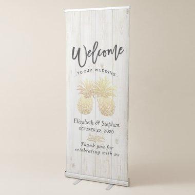 Wedding Shower Gold Foil Pineapples Damask Paper Retractable Banner