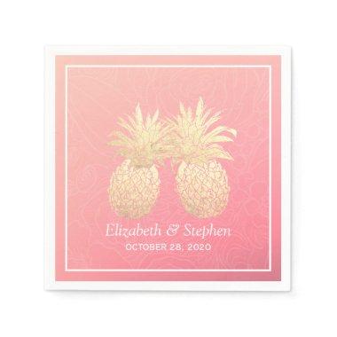 Wedding Shower Golden Pineapple Couple Pink Roses Napkins