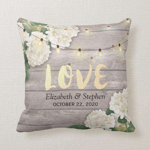 Wedding Shower Hydrangea Flower String Lights Wood Throw Pillow
