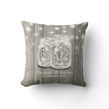 Wedding Shower Rustic Wood Mason Jar String Lights Throw Pillow