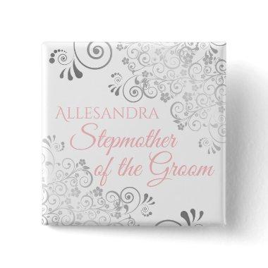 Wedding Stepmother of the Groom Name Tag Pink Gray Button