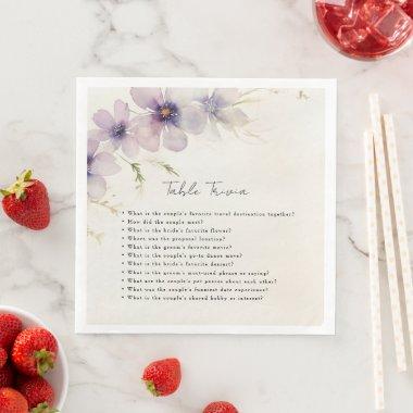 Wedding table trivia blue cosmos flowers paper dinner napkins