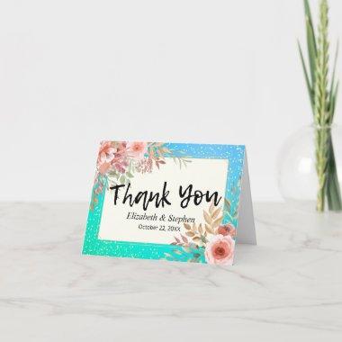 Wedding Thank You Pink Flowers Teal Gold Confetti