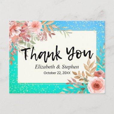 Wedding Thank You Pink Flowers Teal Gold Confetti PostInvitations