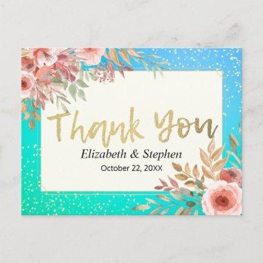 Wedding Thank You Pink Flowers Teal Gold Confetti PostInvitations