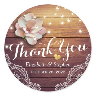 Wedding Thank You Rustic Wood Floral String Lights Classic Round Sticker
