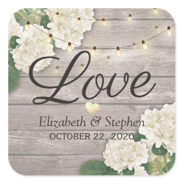 Wedding Thank You Rustic Wood Floral String Lights Square Sticker