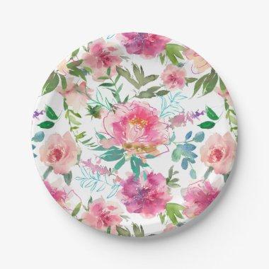 Wedding Tropical Watercolor Floral Pink Peony Paper Plates