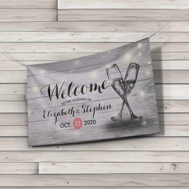 Wedding Welcome Banner Champagne Glass Wood Lights
