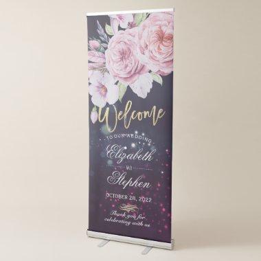 Wedding Welcome Boho Floral Feathers Purple Lights Retractable Banner