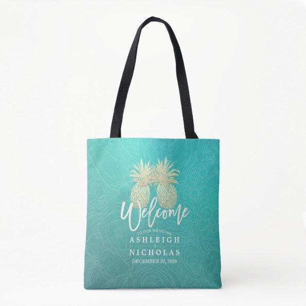 Wedding Welcome Golden Pineapple Couple Teal Roses Tote Bag