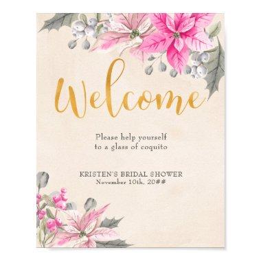 Welcome Calligraphy Pink Poinsettia Beverage Table Poster