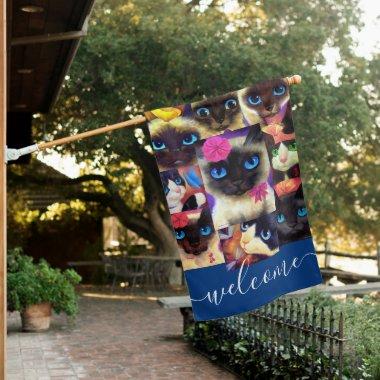 Welcome Navy Blue Cats Modern Cat Lovers Name House Flag