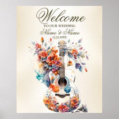 Welcome Party Colorful Flowers Guitar Instrument Poster