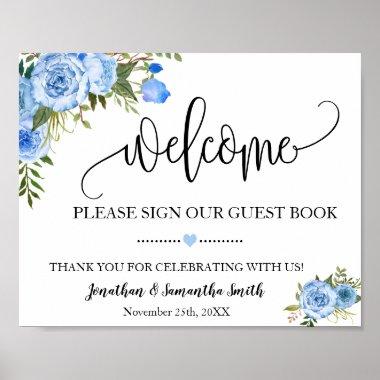 Welcome sign our guest book wedding blue floral