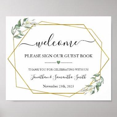 Welcome sign our guest book wedding greenery gold