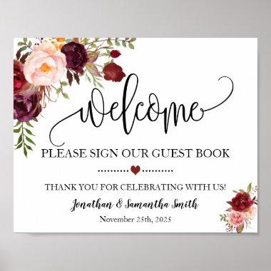 Welcome sign our guest book wedding marsala floral