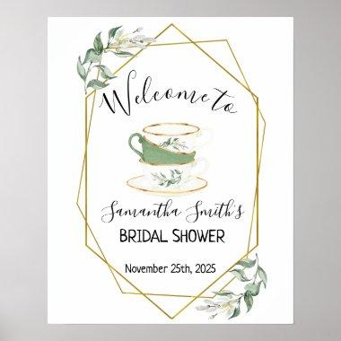 Welcome Tea bridal shower greenery gold frame sign