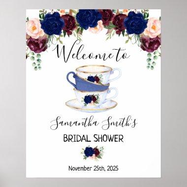 Welcome Tea bridal shower navy marsala floral sign