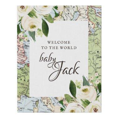 Welcome to the World Baby Name Floral Map Faux Canvas Print