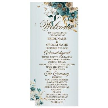 Welcome Wedding Party Turquoise Flower Gold Leaves Program