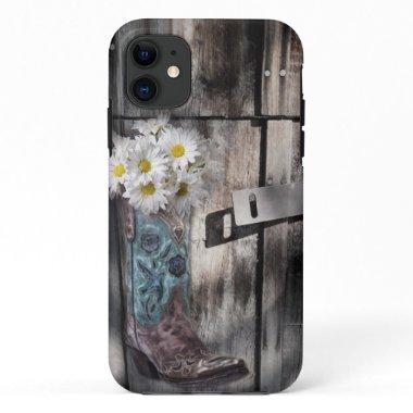 Western country daisy barn wood cowboy boot iPhone 11 case