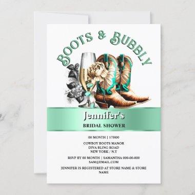 Western cowboy country boots teal brown bubbly Invitations