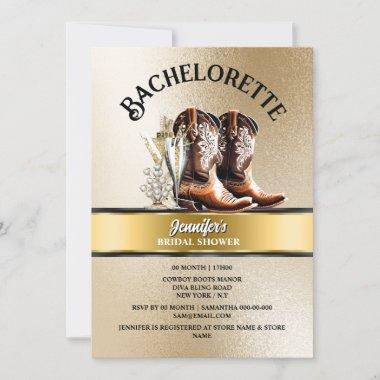 Western cowgirl boots gold black bubbly chic Invitations
