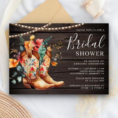Western Cowgirl Floral Boots Wood Bridal Shower Invitations