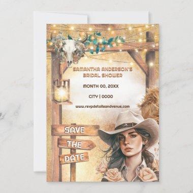 Western cowgirl watercolor barn lights bridal Invitations