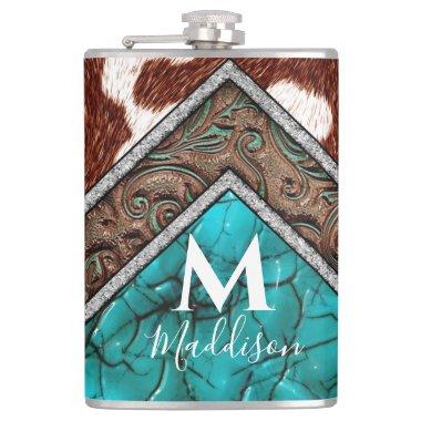 Western Faux Leather Turquoise Mix Monogram Flask