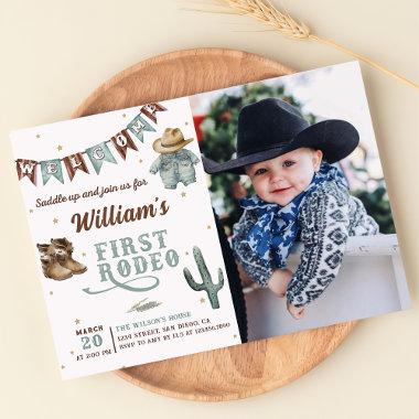 Western First Rodeo Cowboy Birthday Photo Invitations