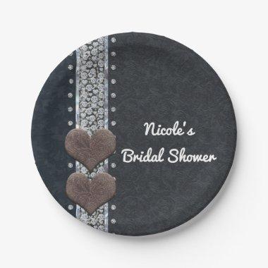 Western Glam Black Leather & Diamonds Bling Party Paper Plates