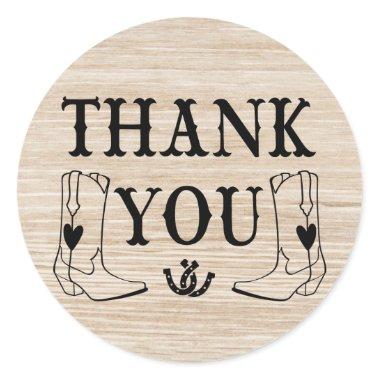 Western Thank You Wood Country Wedding Cowboy Boot Classic Round Sticker
